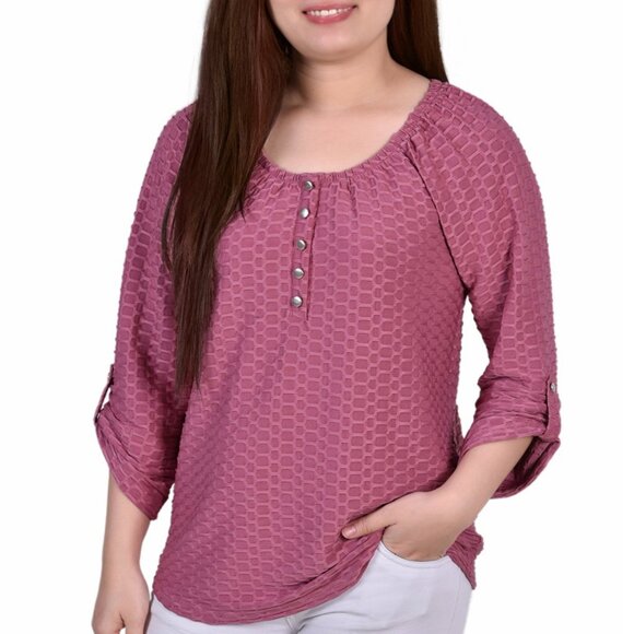 NY Collection Tops - NY Collection Petite 3/4 Sleeve Honeycomb Henley Top Mauve - Petite Large - NWT